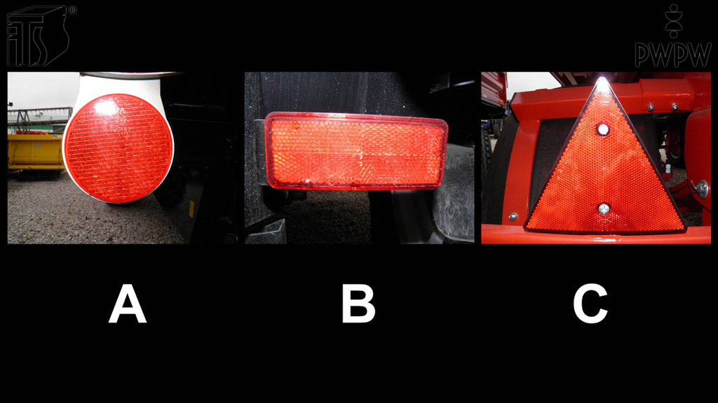 zdjecie do pytania - Jaki kształt powinny mieć tylne światła odblaskowe przyczepy ciągniętej przez ciągnik rolniczy?