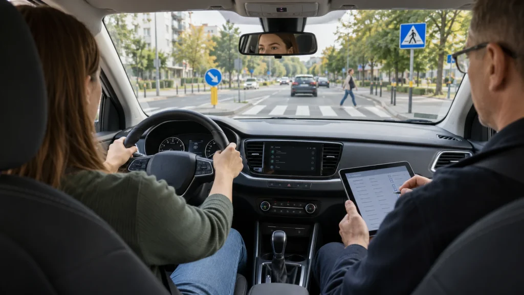 Kursantka za kierownicą i egzaminator z tabletem podczas egzaminu w ruchu miejskim